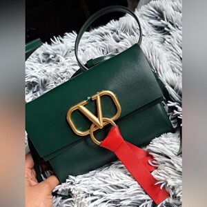 Valentino Garavani VRING Leather Crossbody Bag (Green with Red Ribbon)